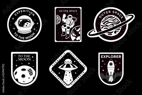 Space astronaut badge, logo design, adventure patch set. Vintage or retro galaxy travel label, earth and moon sticker, science black signs. Cosmonaut exploration. Vector garish illustration