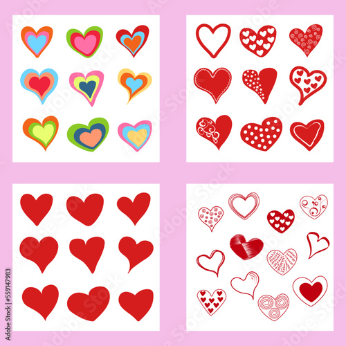 A set of hearts  colored  red  in different sizes. Hearts for the design of postcards  banners  posters. Vector design.