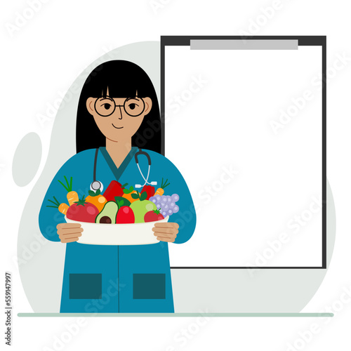 Female doctor with a plate of vegetables and fruits. Clipboard blank for your text. The concept of diet, proper nutrition, health.