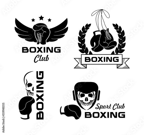 Box club. Fight logo. Champion badge. Vintage seal icon. Sport academy label. Texas or Thai boxing logotype. Gloves and skull. Black silhouette boxer symbols. Vector current emblems set
