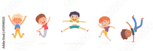 Happy kids jump set vector illustration. Cartoon isolated cute group of active children jumping, energetic different motions and expressions of funny boys, adorable carefree characters play