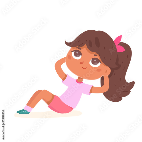 Girl doing crunches sport exercises in gym, active child training abdominal muscles