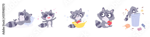 Cute raccoon poses set, zoo or wild baby racoon with funny face eating apple and playing
