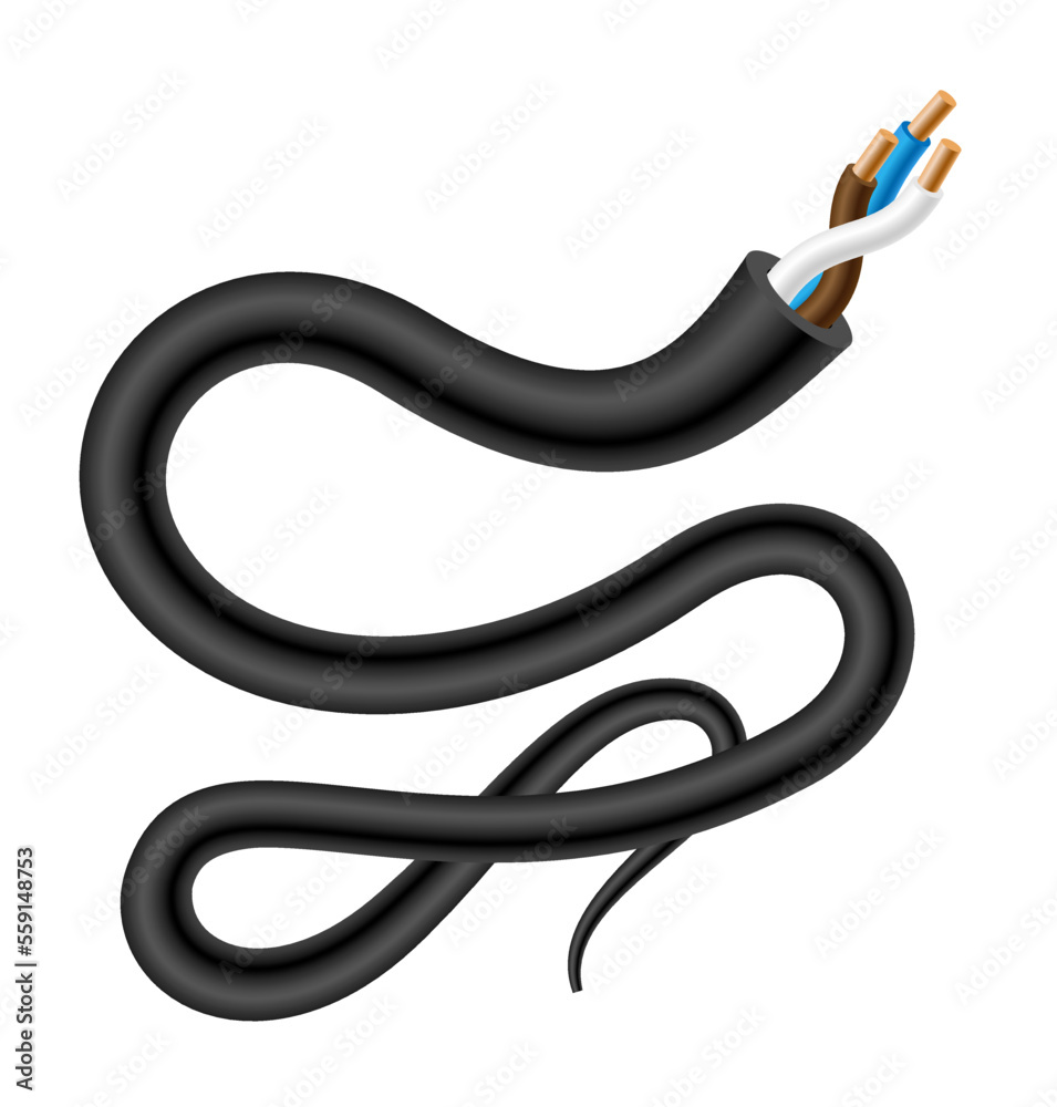 Copper electric cable, wire power. Electrician data curve twist cord, flexible energy supply, metal sections. Plastic realistic power wavy hose. Vector 3d isolated element, utter illustration
