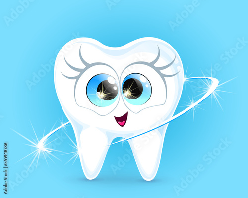 Cute cartoon healthy shining tooth character with glowing effect, Oral dental hygiene and whitening concept. 