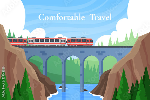 Mountain bridge. Speed railway. Comfortable train travel. Rail business trip. Tourist excursion. Sky and forest landscape. Scenic panorama with river and rocks. Vector garish illustration