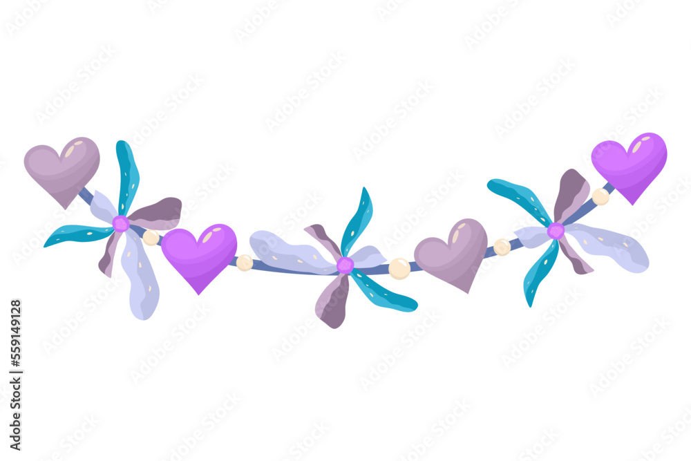 Valentines Day garland with heart and daisy isolated. Cartoon vector illustration. Valentine party flags. February love day greeting card hearts garland. White background.