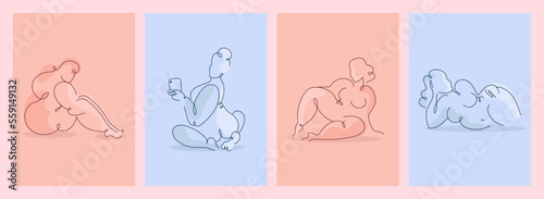 Body positive woman, female one line silhouette. Outline curvy bodies for lingerie like bra and bikini promo, line art breast feminine sign. Card or poster. Vector illustration current logo