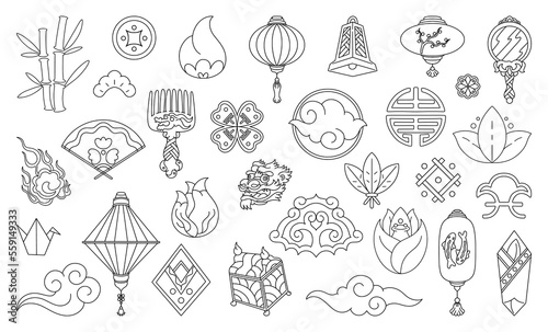Golden Asian graphic. Traditional Chinese symbols. Outline clouds and lanterns. Oriental textures. Lotus flowers. Sun or Moon. Origami crane. Japanese line icons. Vector design elements set