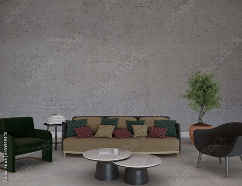 Brutalist living room with furniture
