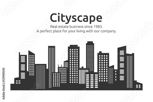 City buildings silhouette. Skyline cityscape. Real estate. Urban landscape. Downtown panorama. New office skyscraper style. Company banner design. Vector cartoon garish illustration