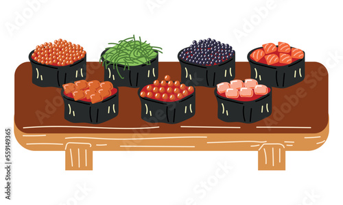 A set of gunkans with different fillings on a white background. Asian food. Vector illustration for restaurants, menus, decor