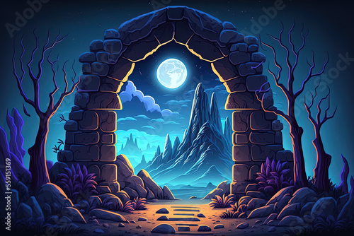 Obraz na płótnie Background for a video game with a cartoon fantasy artwork of a magic portal in a stone frame on a rock ledge at night that is ready for animation