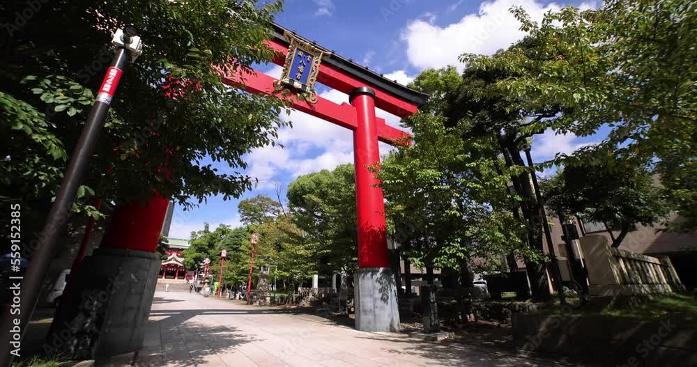 Main gate Torii at Tomioka Shrine wide shot Main gate Torii at Tomioka Shrine wide shot