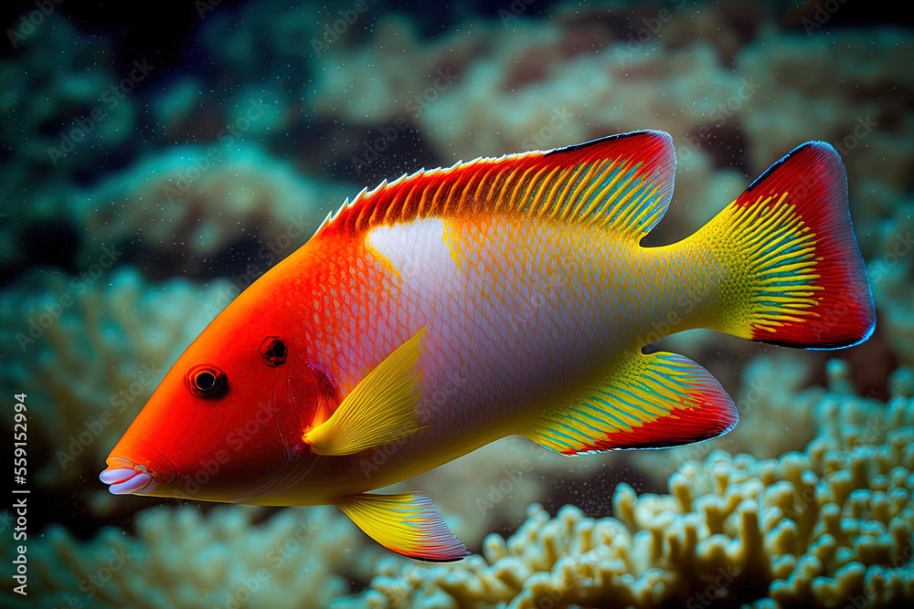 Blackbelt hogfish on coral reefs and on the ocean floor are stunning. Generative AI Stock