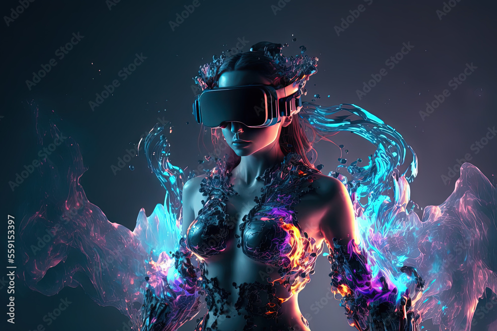Naklejka premium Woman wearing virtual reality goggles. Future digital technology. Metaverse and gaming concept. Generative ai