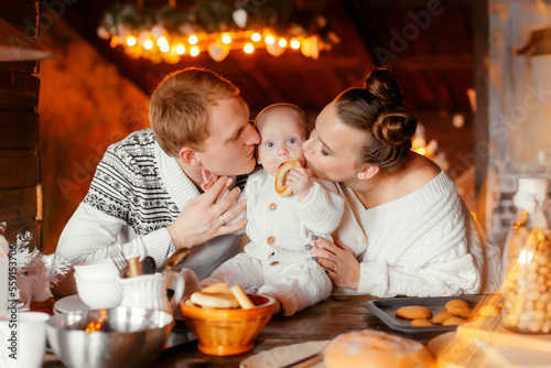 Merry Christmas and Happy New Year. A happy family with a small child in a white rabbit costume on the background of a New Year s interior