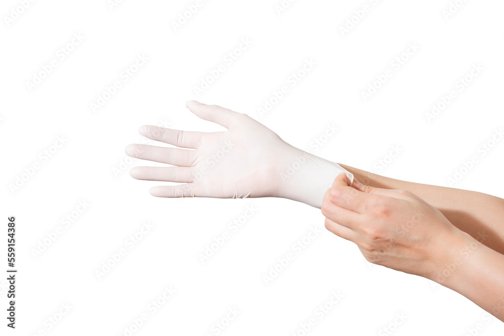 Doctor or nurse wearing gloves to care for a patient, white background Doctor or nurse wearing gloves to care for a patient, white background