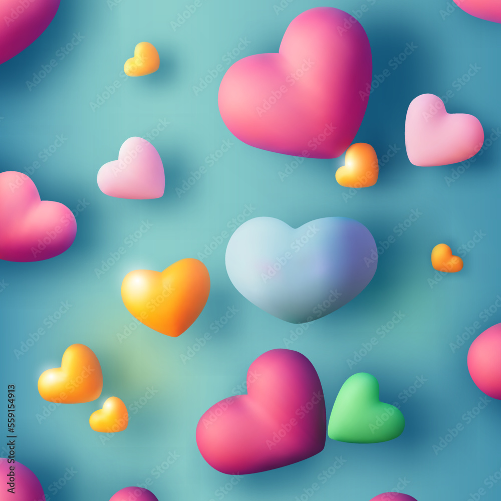 Cute multicolor yellow and pink hearts fly on blue background in Valentine Day or Wedding. 3d render high quality vector illustration for poster,  invitation and banner with unique pattern.