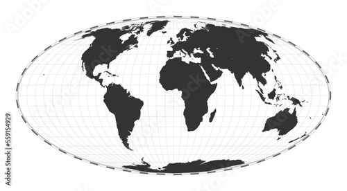 Vector world map in Mollweide projection, featuring latitude and longitude lines. Centered at 0 degrees longitude. A plain geographical map for educational or travel purposes.
