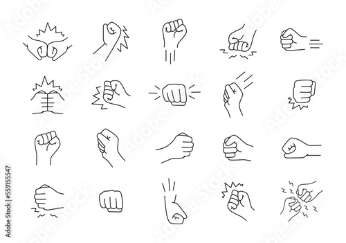 Fist punch. Fight hit. Power icons. Bump or violence hand line strokes. Anger conflict with human arms. Clench fingers. Fighters gesture pictogram. Vector outline recent symbols set