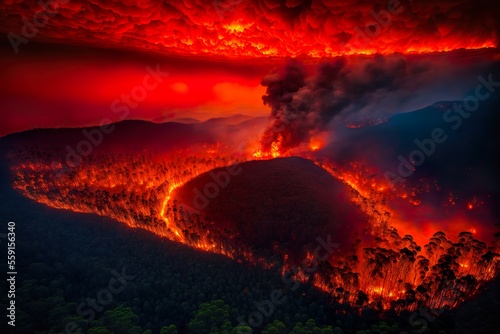 A large fire burning down a forest, skies filled with smoke