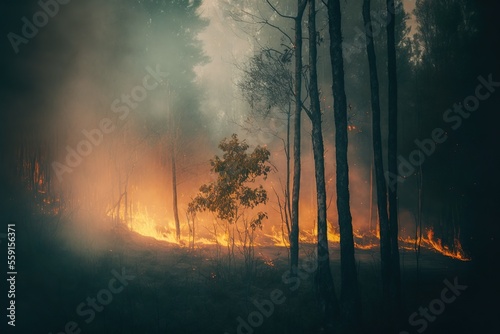 Wildfire spreading through a forest