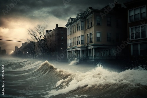 A large wave crashing into a city street, flooding due to rising sea levels, hurricane, typhoon, tsunami, storm surge photo