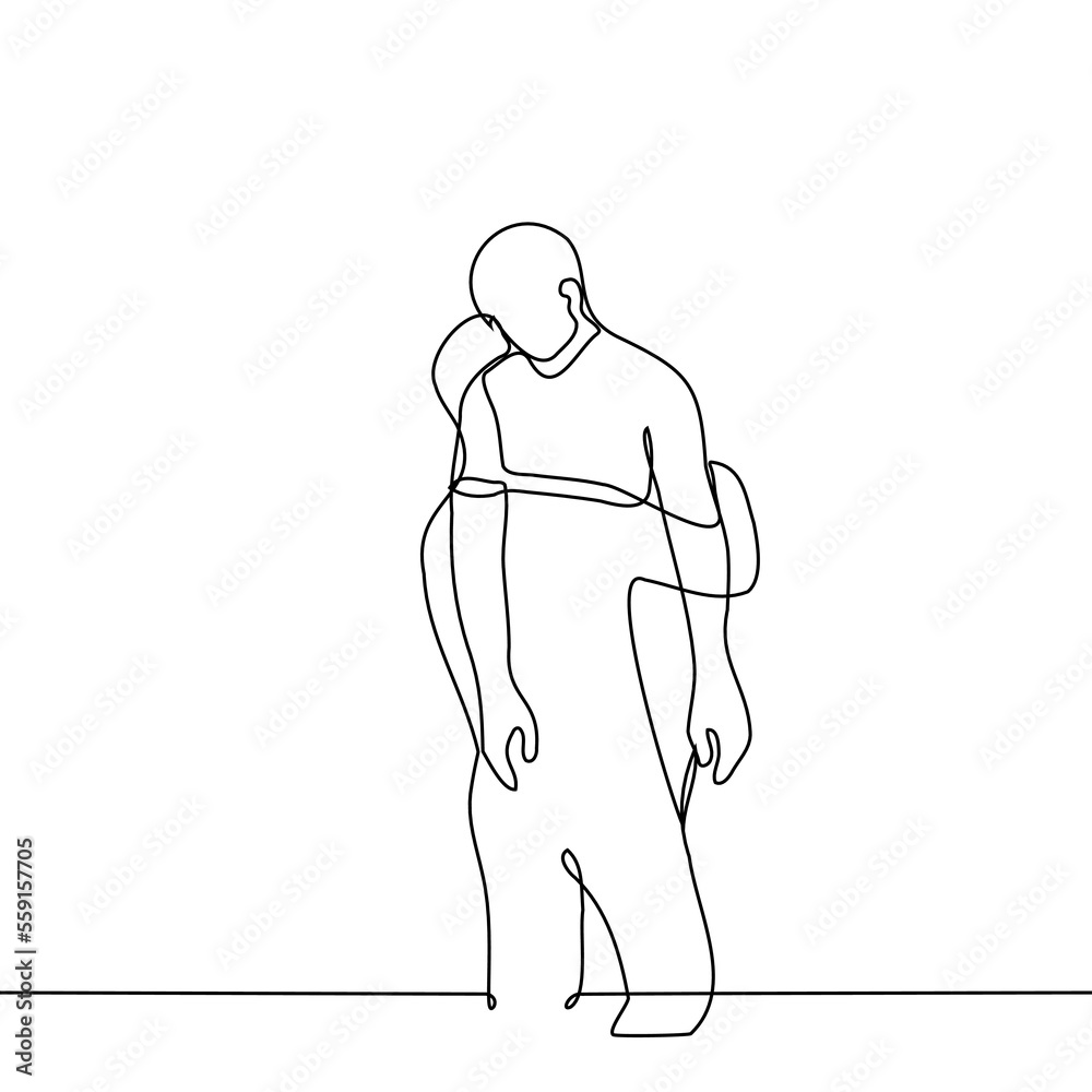man carries another passively lowering his hands - one line drawing vector. concept to carry on hands, transport by force