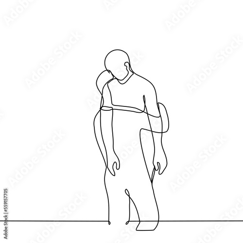 man carries another passively lowering his hands - one line drawing vector. concept to carry on hands, transport by force