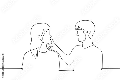 man put his finger to the woman's lips - one line drawing vector. concept call to silence or seduction