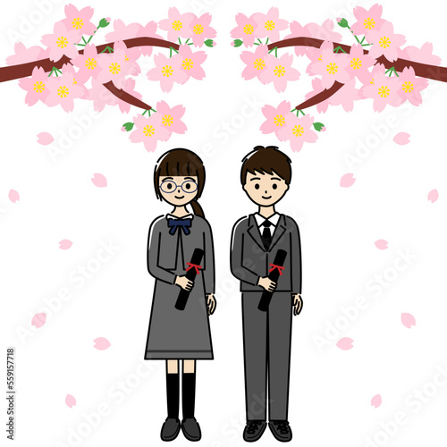 小学校の卒業式に桜の木の下で卒業証書の筒を手に持つ男子と女子のセット