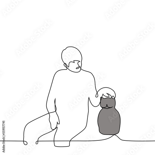 man sitting and stroking a fat gray cat - one line drawing vector. concept male cat lover caresses a pet