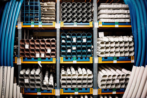 Fotografija In the construction supply shop, plumbing pipes, PVC pipes, and water pipes are arranged on the shelves