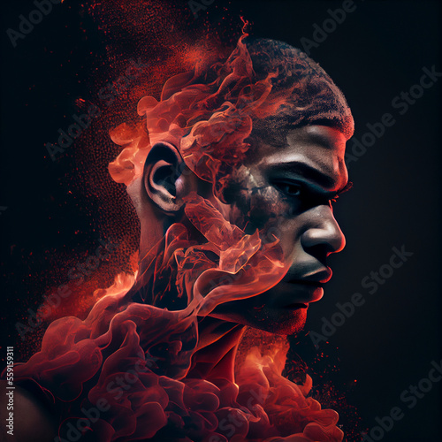 African American man portrait on fire, epic avatar 3d render illustration