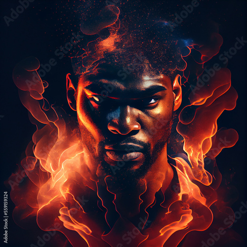 African American man portrait on fire, epic avatar 3d render illustration