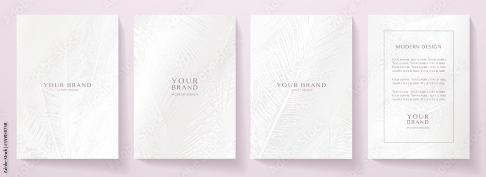 Tropical white cover design set. Floral beauty background with exotic leaf pattern (monstera plant). Elegant vector template for wedding invite, brochure layout, spa leaflet, cosmetic backdrop, makeup Tropical white cover design set. Floral beauty background with exotic leaf pattern (monstera plant). Elegant vector template for wedding invite, brochure layout, spa leaflet, cosmetic backdrop, makeup