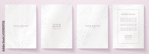 Tropical white cover design set. Floral beauty background with exotic leaf pattern (monstera plant). Elegant vector template for wedding invite, brochure layout, spa leaflet, cosmetic backdrop, makeup