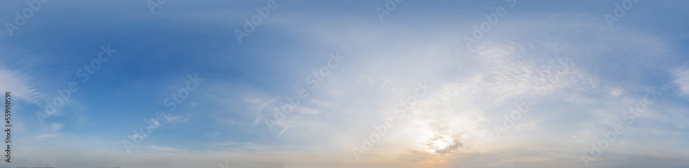 Panorama of beautiful blue sky with clouds during sunset. Seamless 360 degree panorama