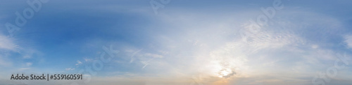 Panorama of beautiful blue sky with clouds during sunset. Seamless 360 degree panorama
