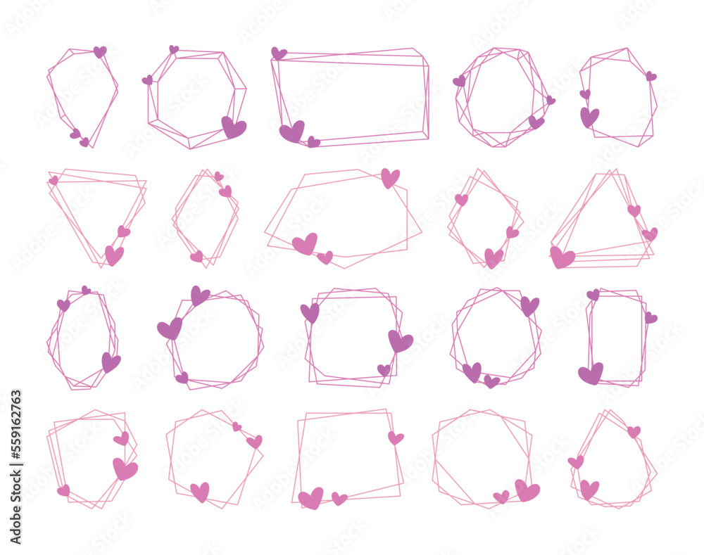 Set pink polygonal geometric frames. Line design elements for wedding invitation card, different celebration and holidays, poster and banner. Decorative lines borders with hearts, festive decoration Set pink polygonal geometric frames. Line design elements for wedding invitation card, different celebration and holidays, poster and banner. Decorative lines borders with hearts, festive decoration