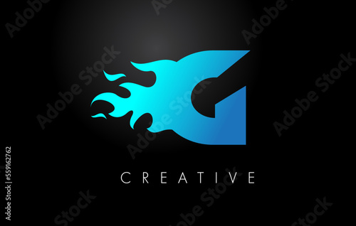 Blue fire  Blue G Letter Flame Logo Design. Fire Logo Lettering Concept.