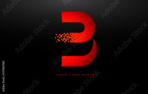 B Initial Letter Logo Design with Digital Pixels in Red Colors.