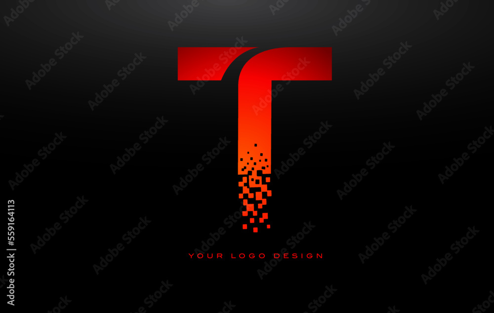 T Initial Letter Logo Design with Digital Pixels in Red Colors. T Initial Letter Logo Design with Digital Pixels in Red Colors.