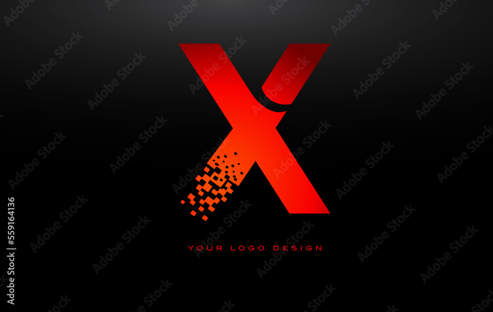 X Initial Letter Logo Design with Digital Pixels in Red Colors. X Initial Letter Logo Design with Digital Pixels in Red Colors.