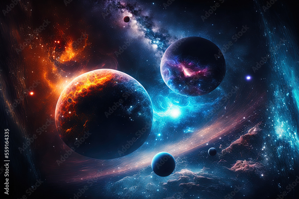 Planets, stars, galaxies, and nebulas in an astounding cosmic scene in deep space. Generative AI