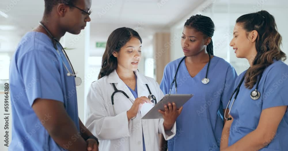 Staff, doctors and nurses with tablet, research and brainstorming for diagnosis. Team, medical professionals and teamwork for cure, discussion and talking for healthcare, analysis and conversation