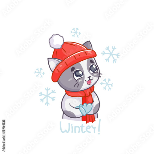 Gray cat in a red hat and scarf, surrounded by snowflakes, winter, sticker