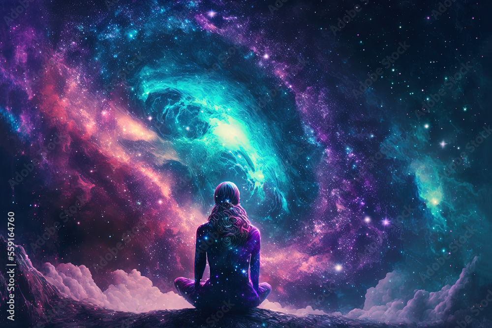 A person is sitting in a yoga pose in the lotus position. Against the background of space.