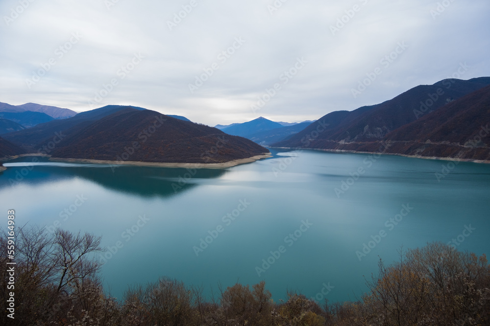 Georgia : 20-11-2022 :  10Mountain lake of Zhinvalskoe Reservoir, Georgia. beautiful water reservoir on the Aragvi River, the upper part near the Ananuri Fortress